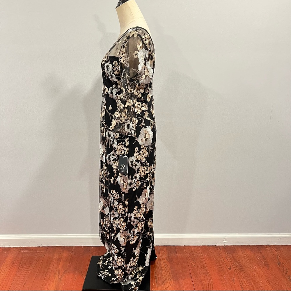 Adrianna Papell Black With Multicolor Floral Embroidery V-Neck 3/4 Sleeves Gown - Picture 13 of 15